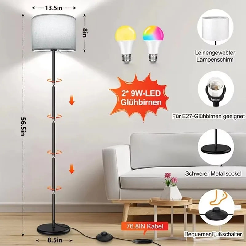 Lampadaire connecté RVB à abat-jour en lin, 2 ampoules LED E27