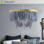 Lustre plumes et anneau doré Ø 40 ou 50 cm, blanc, gris ou rose