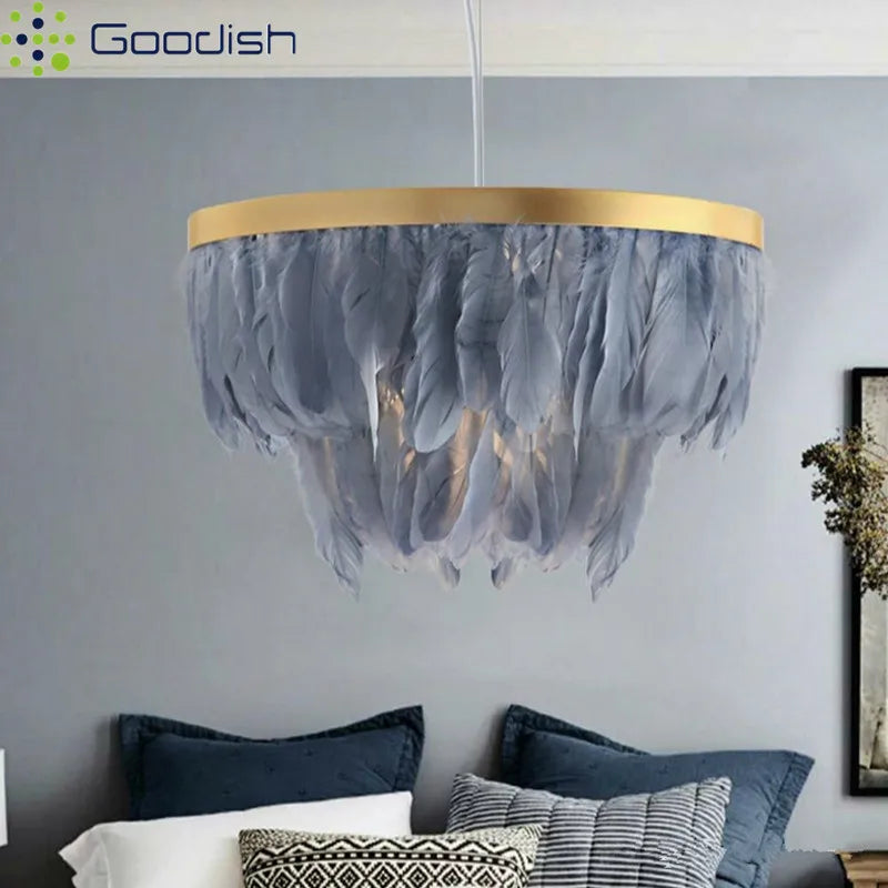 Lustre plumes et anneau doré Ø 40 ou 50 cm, blanc, gris ou rose