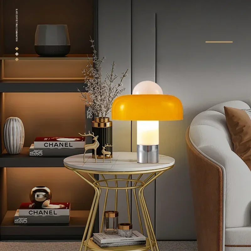 Lampe champignon en verre orange ou blanc, pied chromé, 35 cm