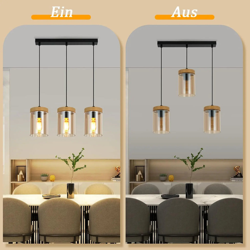 Suspension en verre ambré et coiffe effet bois, 1 ou 3 lumières