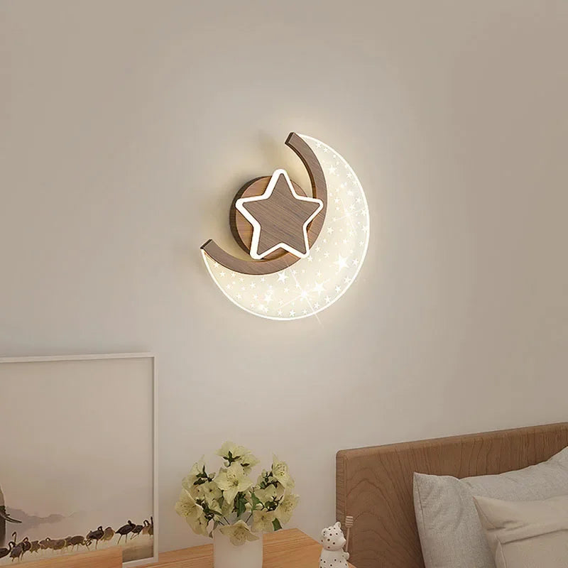 Applique murale croissant de lune et étoile LED, finition bois