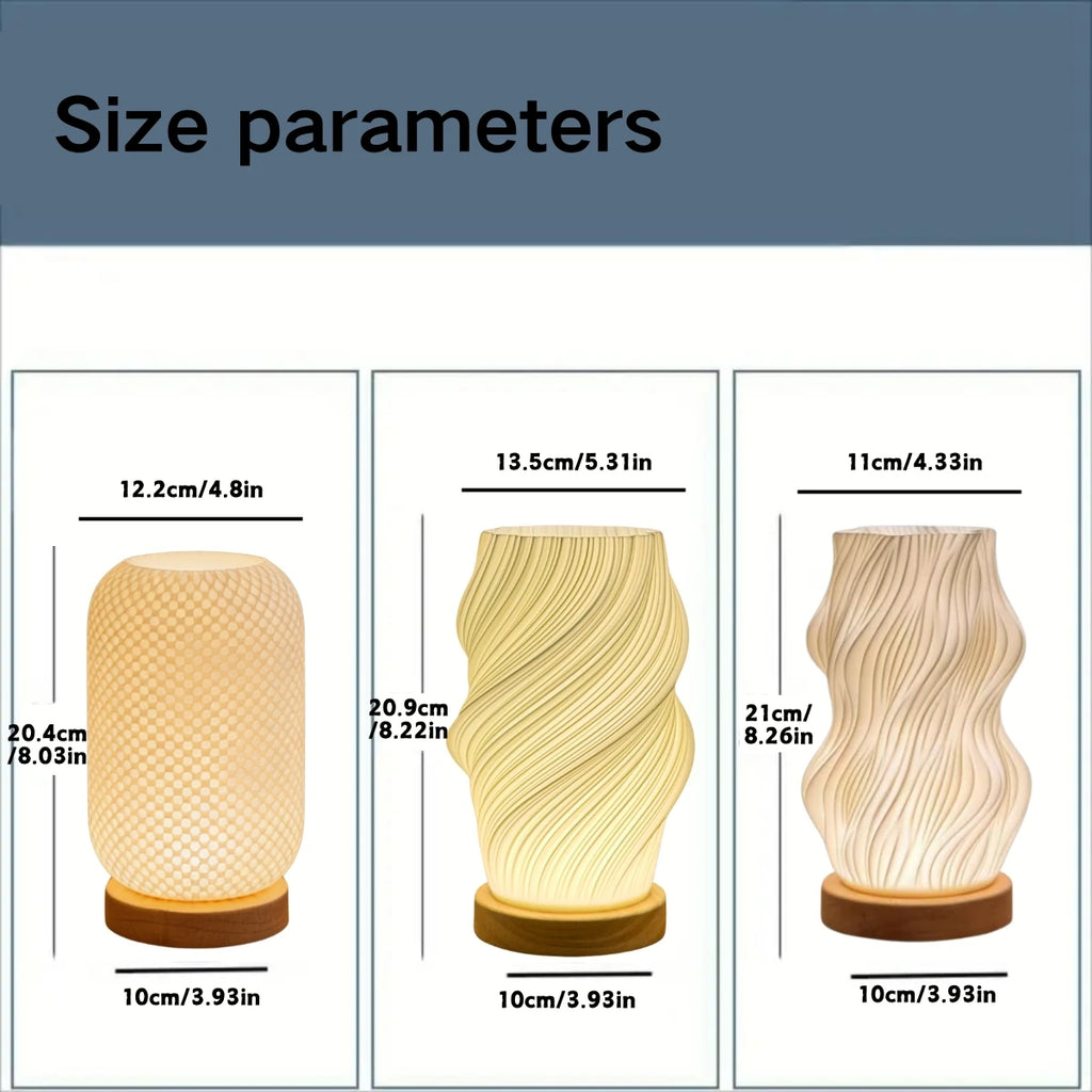 Lampe de chevet imprimée en 3D sur socle bois, trois formes