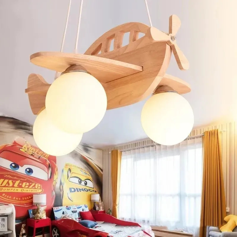 Lustre avion en bois pour chambre d'enfant, 3 globes en verre