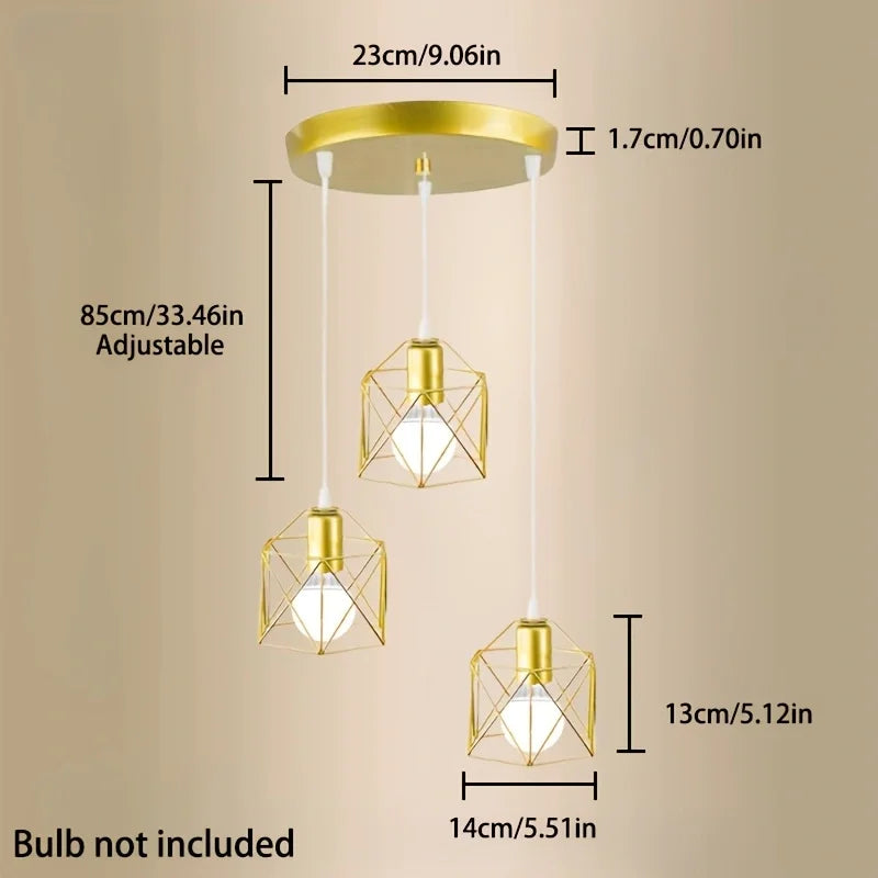 Suspension 3 lampes cages dorées, rosace ronde en cascade ou barre