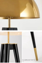 Lampadaire trépied champignon, dôme doré et pieds noirs 165 cm
