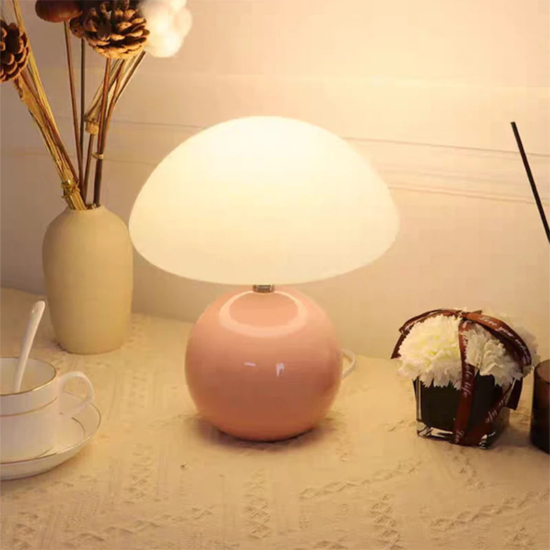 Lampe champignon en céramique brillante, chapeau opalin, 22 cm