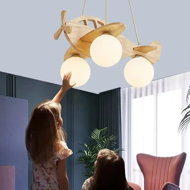 Lustre avion en bois pour chambre d'enfant, 3 globes en verre