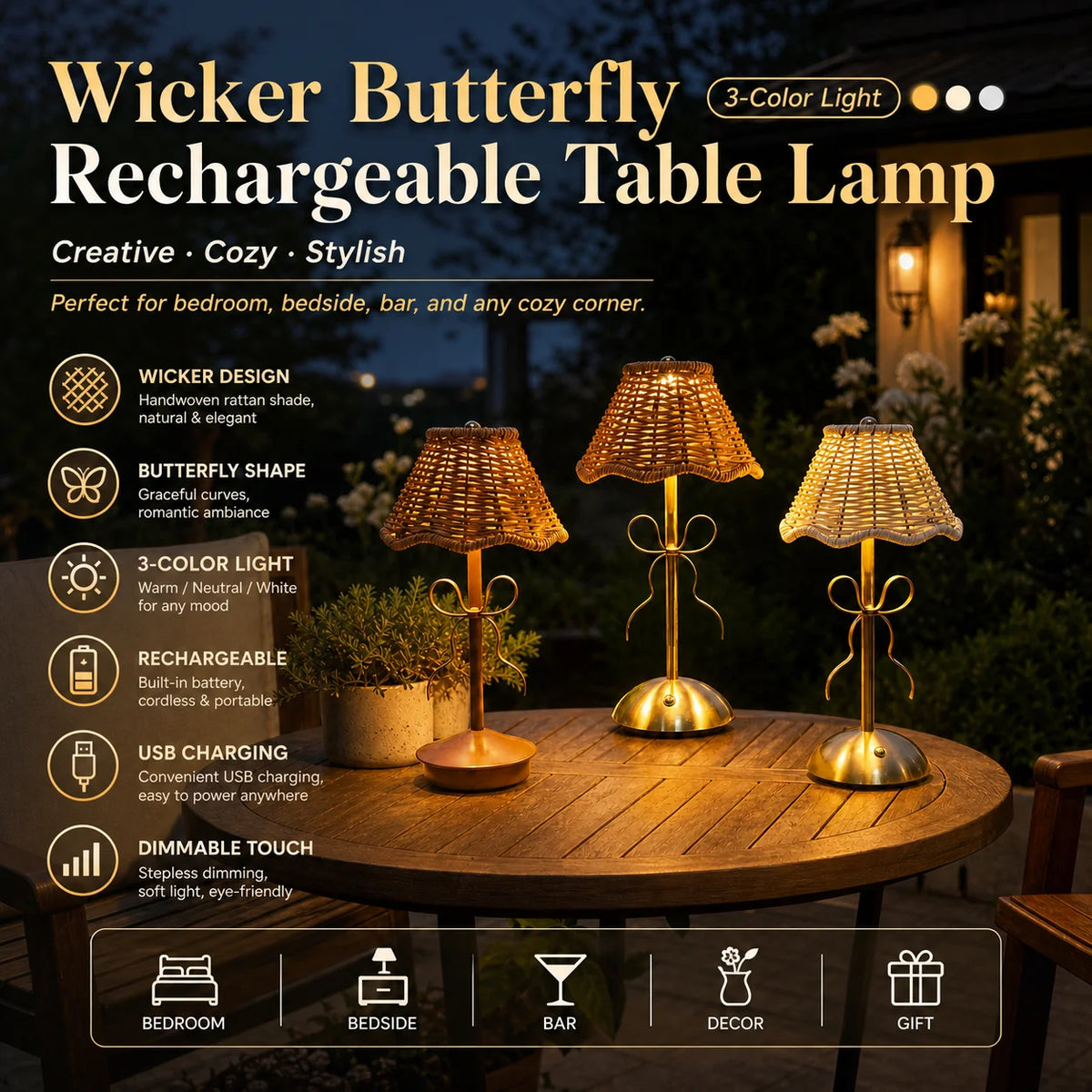 Lampe de chevet sans fil en rotin, nœud doré et abat-jour festonné