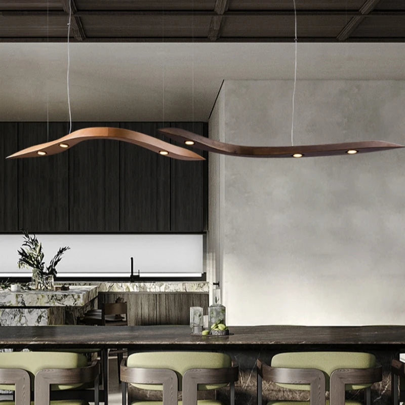Suspension LED vague en bois sculpté, solo ou duo jusqu'à 230 cm