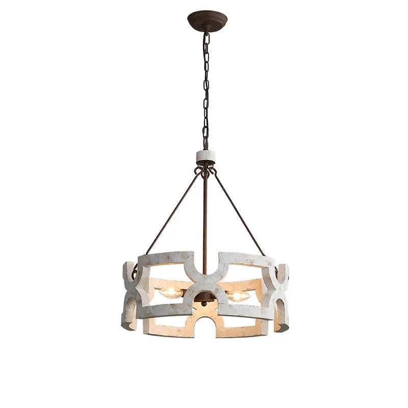 Lustre couronne en bois ajouré de 50 cm, 3 lumières E14 patinées