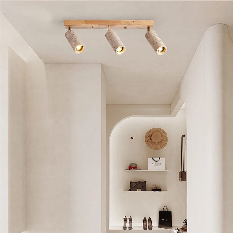 Plafonnier spots orientables en travertin sur bois, E27, 1 ou 3 spots