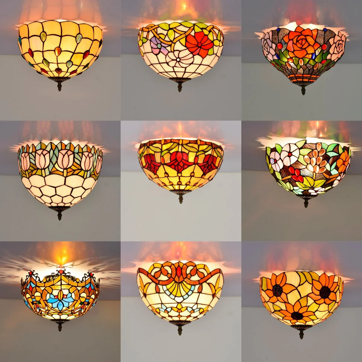 Plafonnier style Tiffany en vitrail coloré, Ø 30 cm, 15 motifs