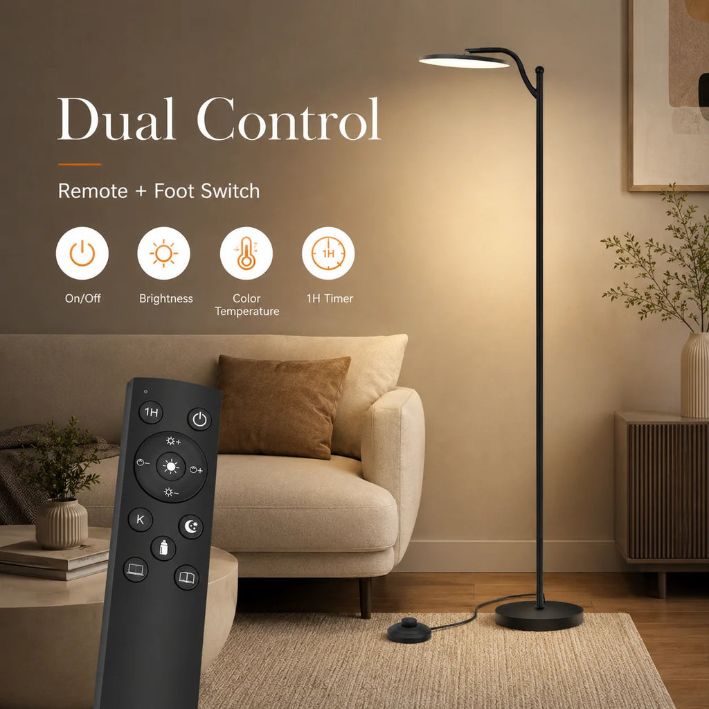 Lampadaire LED à tête disque inclinable, télécommande et pédale