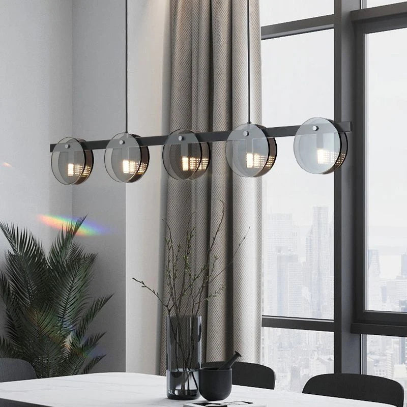 Lustre noir à disques de verre fumé, barre ou couronne LED