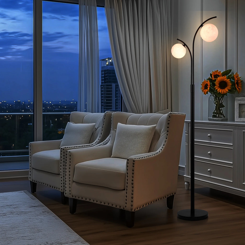 Lampadaire noir à deux globes en verre opalin, 160 cm, LED G9