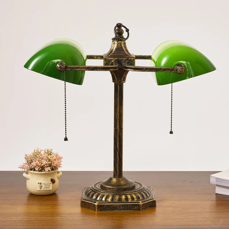 Lampe de banquier vintage double, abat-jour en verre vert, 2 E27