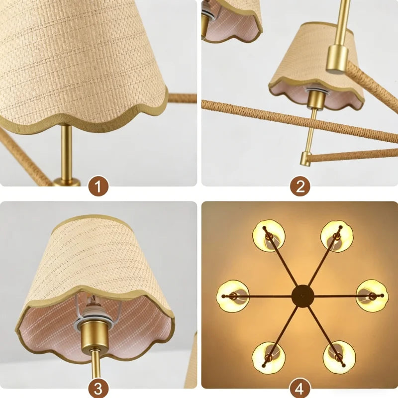 Lustre doré à six bras et abat-jour en rotin festonnés, 95 cm