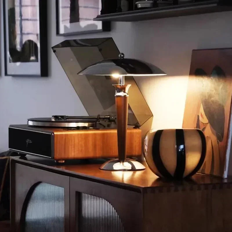 Lampe de bureau champignon chromée, fût en bois et douille E14