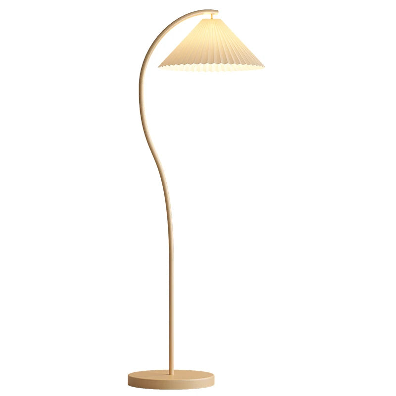 Lampadaire courbé crème à abat-jour plissé, ampoule LED fournie