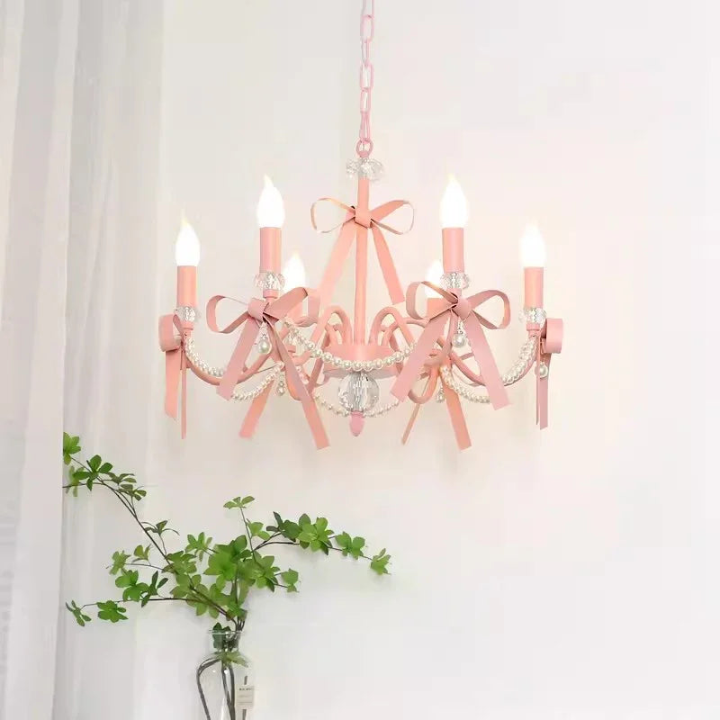 Lustre rose à nœuds et perles pour chambre de fille, 3 à 8 bougies