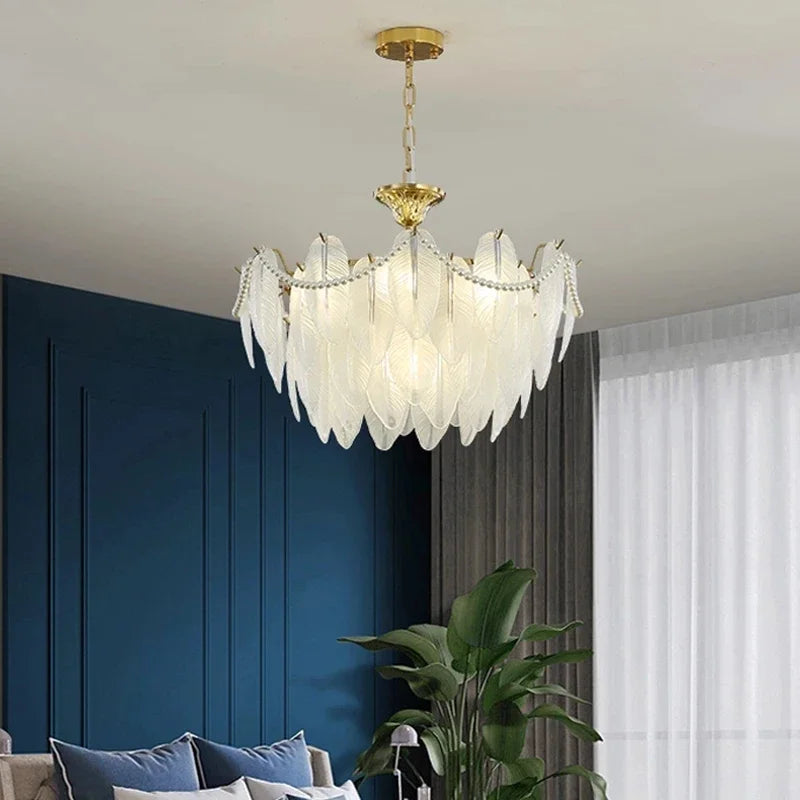 Lustre en plumes de verre dépoli, monture dorée, de 40 à 100 cm