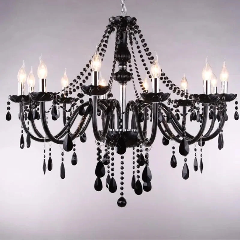 Lustre en cristal noir à pampilles, 4 à 18 bougies, ampoules incluses