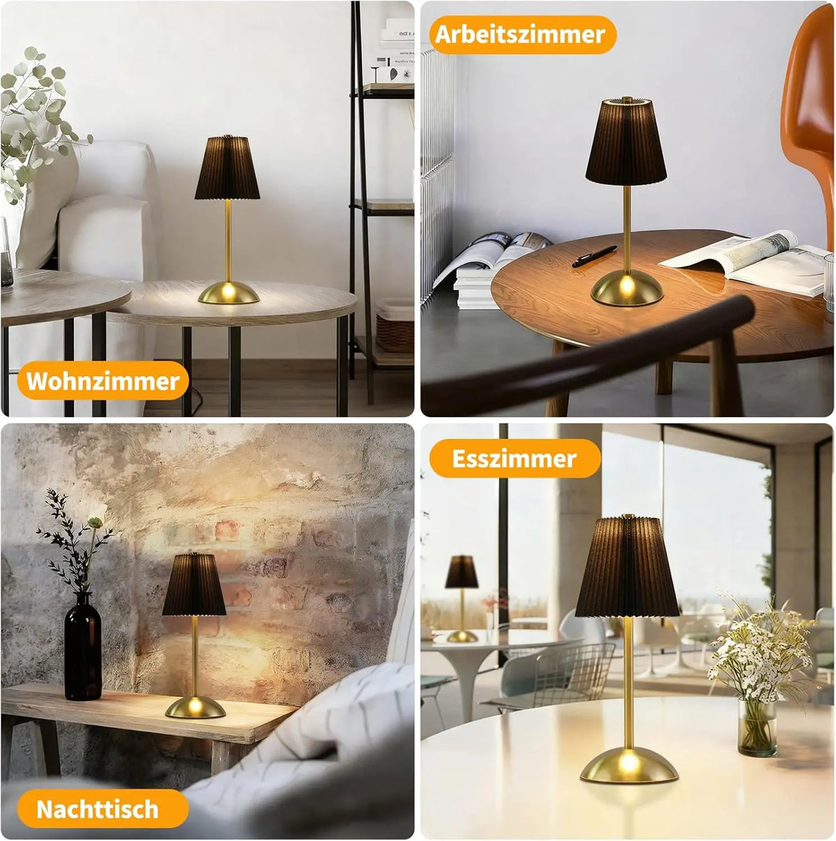 Lot de 2 lampes de table sans fil, abat-jour plissé et pied doré