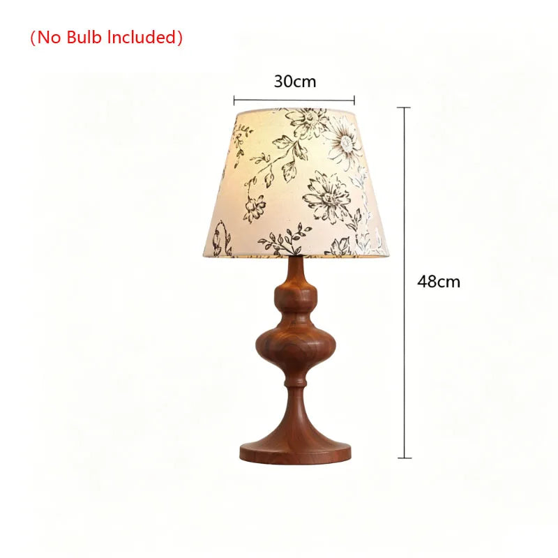Lampe de chevet rétro en bois tourné, abat-jour fleuri, E27
