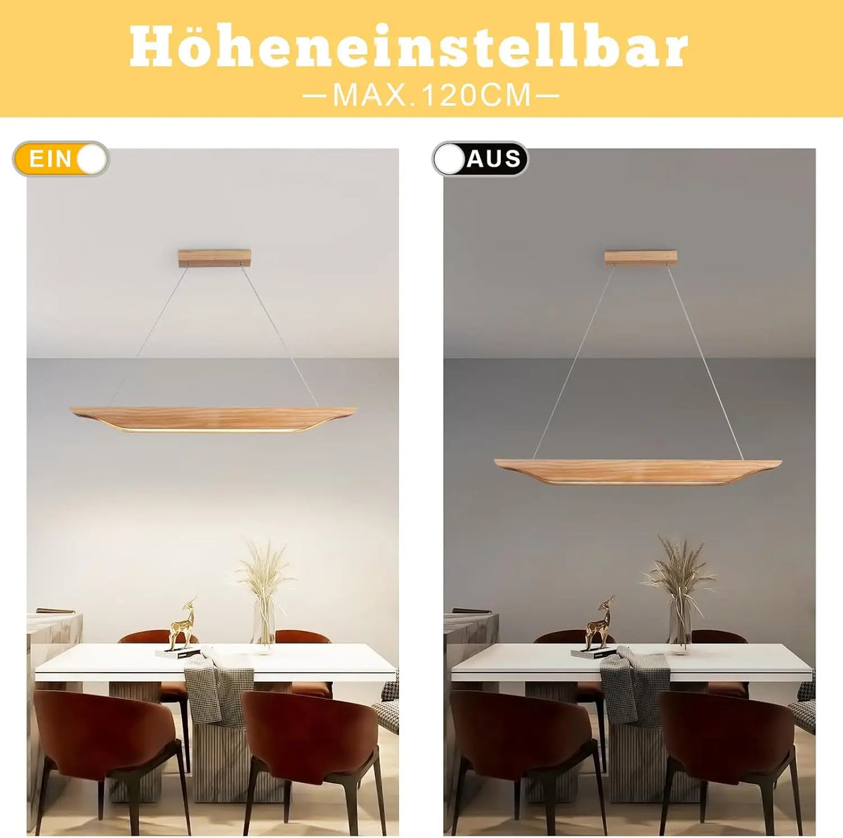 Suspension linéaire en bois LED 90 cm, lumière et intensité réglables