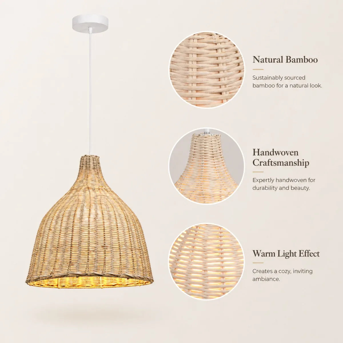 Suspension cloche en bambou tressé façon vannerie, Ø 35 cm