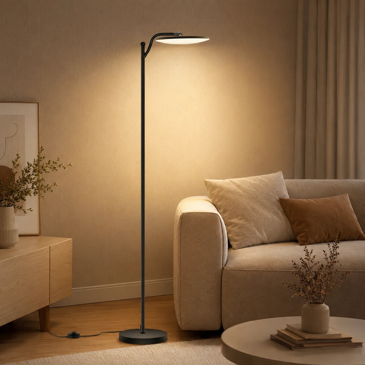 Lampadaire LED à tête disque inclinable, télécommande et pédale