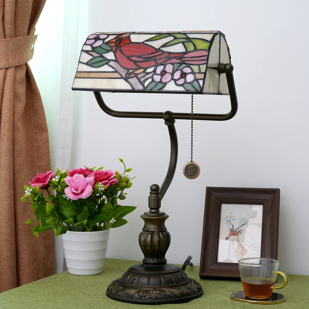 Lampe de banquier vintage en vitrail, abat-jour basculant à tirette