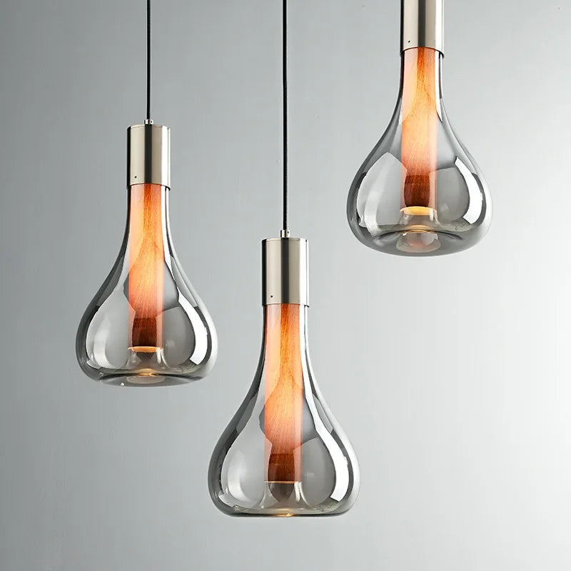 Suspension goutte en verre et tube effet bois, aussi en lampe à poser