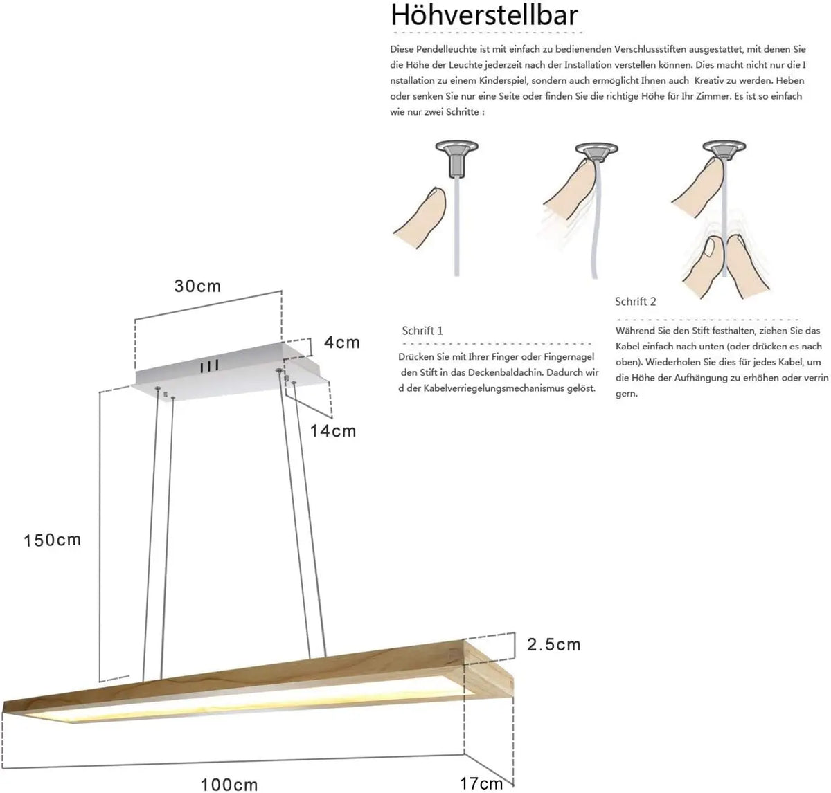 Suspension LED cadre en bois 100 cm, télécommande et hauteur réglable