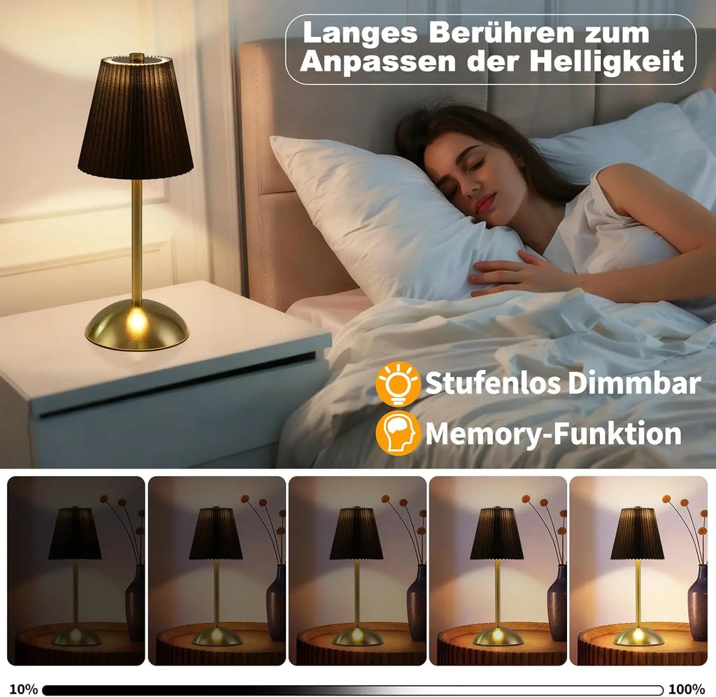 Lot de 2 lampes de table sans fil, abat-jour plissé et pied doré