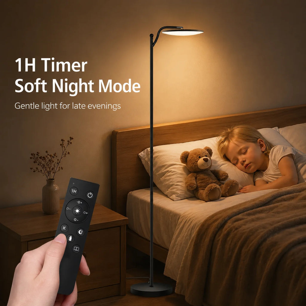 Lampadaire LED à tête disque inclinable, télécommande et pédale