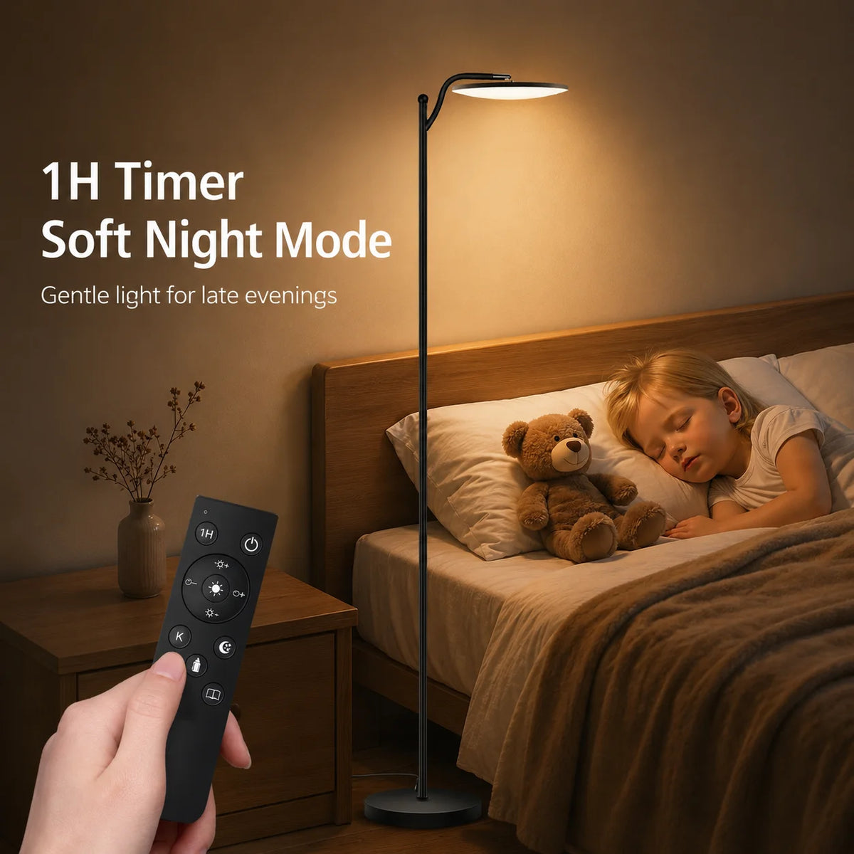 Lampadaire LED à tête disque inclinable, télécommande et pédale