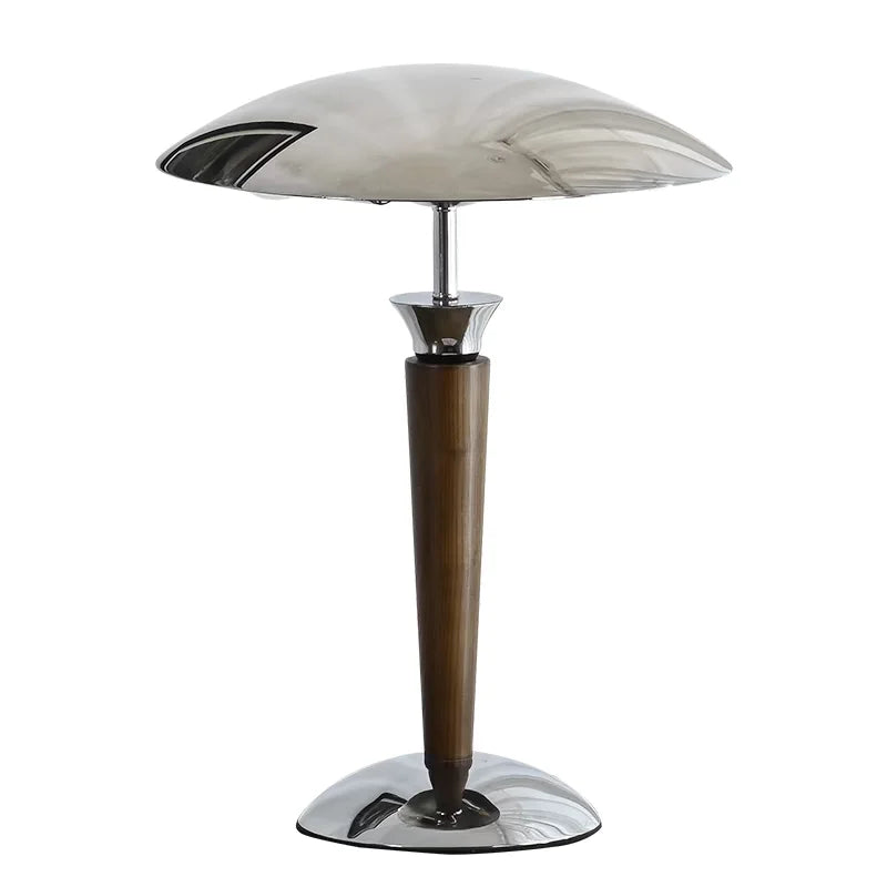Lampe de bureau champignon chromée, fût en bois et douille E14