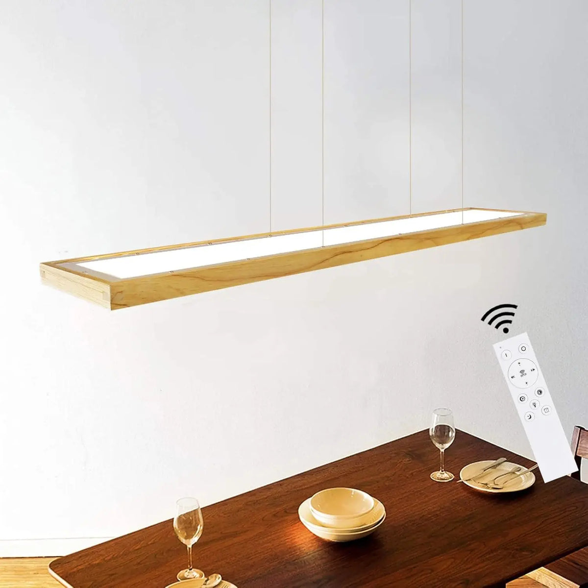 Suspension LED cadre en bois 100 cm, télécommande et hauteur réglable
