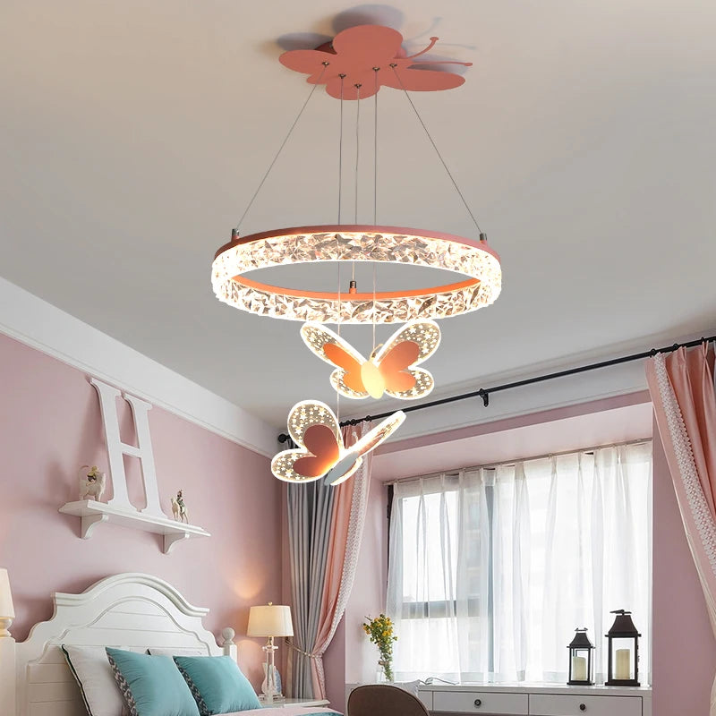 Lustre LED à anneau et papillons pour chambre de fille, rose ou blanc