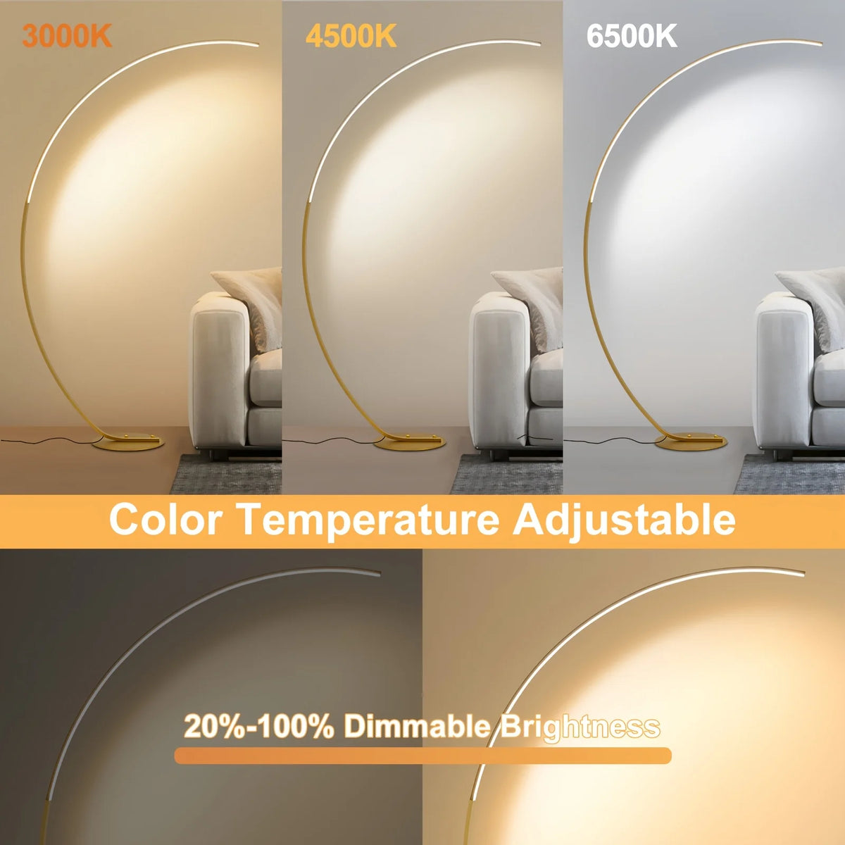 Lampadaire arc LED blanc ou doré, 165 cm, de 3000 à 6500 K