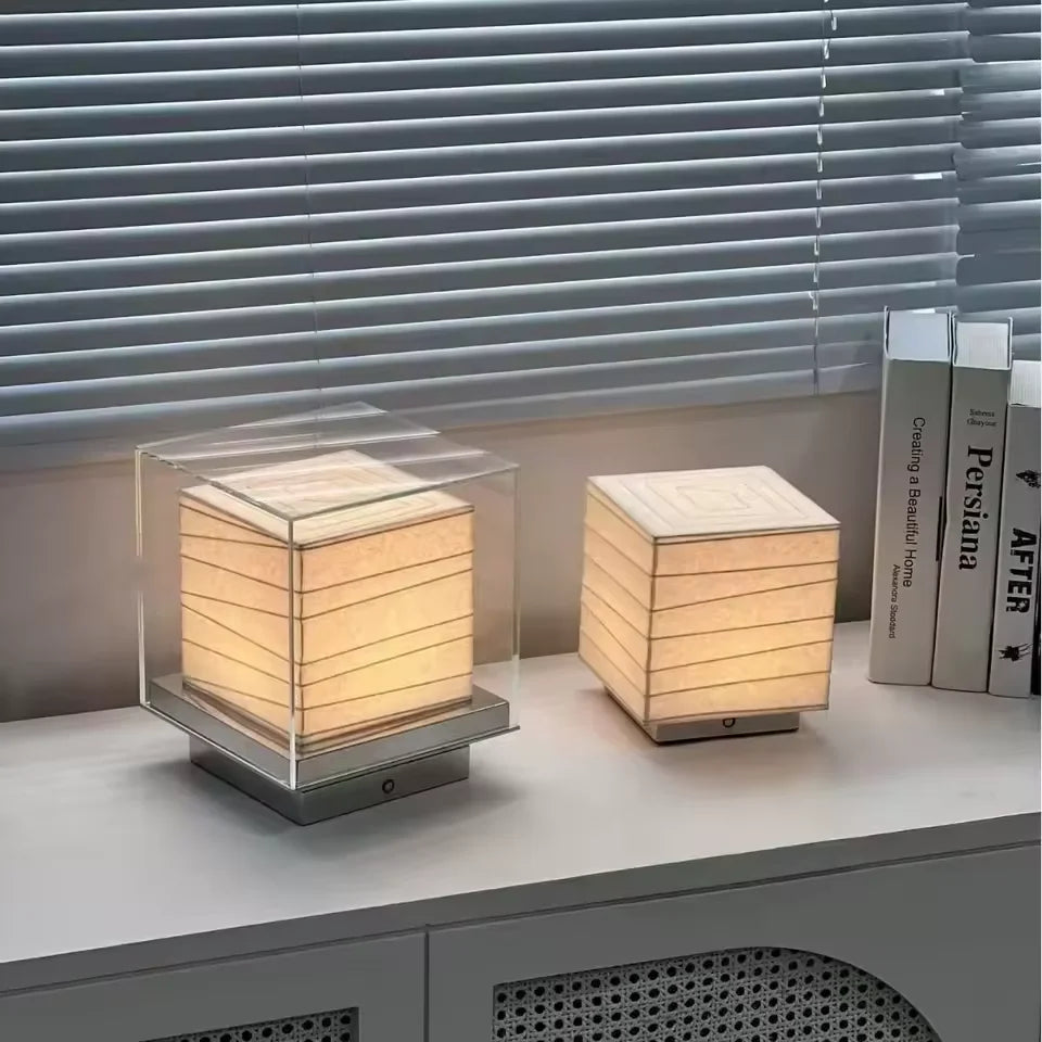 Lampe cube en papier de riz sous verre, à poser, murale ou suspendue