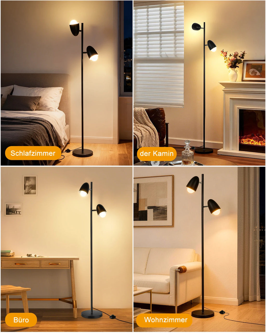 Lampadaire noir à deux têtes orientables, 163 cm, ampoules fournies