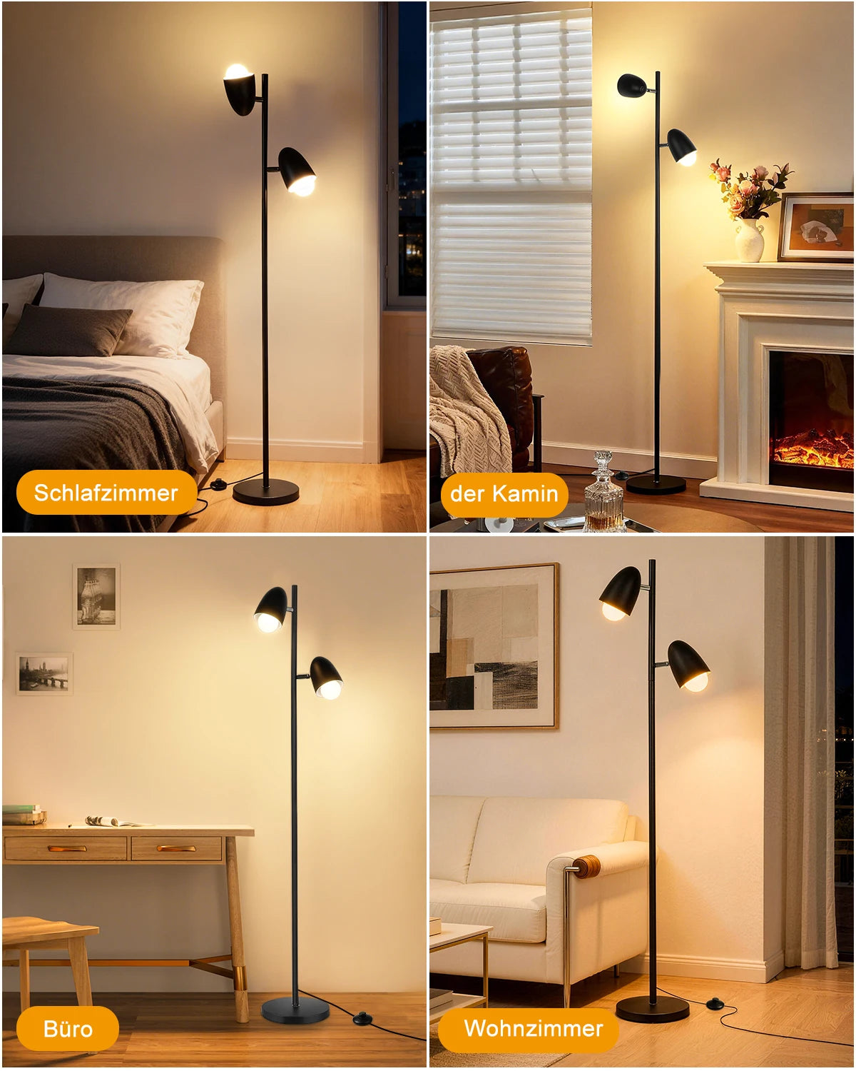 Lampadaire noir à deux têtes orientables, 163 cm, ampoules fournies