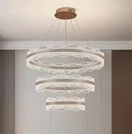 Suspension LED anneaux effet cristal, aluminium brossé, Ø 40 à 80 cm