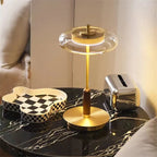 Lampadaire coupelle en verre, tige dorée et manchon en bois, 128 cm