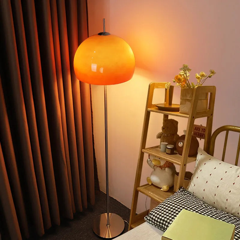 Lampadaire dôme en verre orange, tige chromée, style années 70