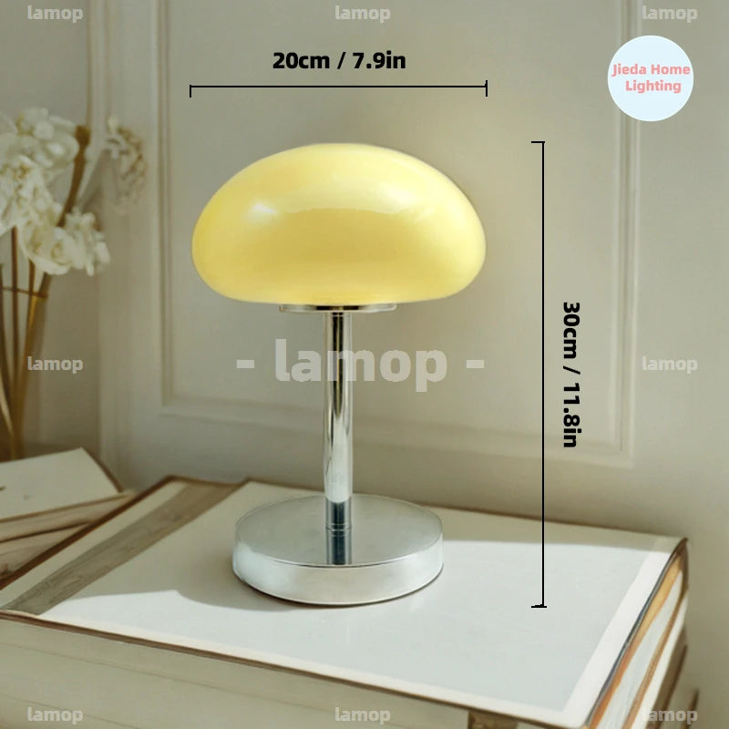 Lampe champignon en verre ovale sur tige chromée, 20 cm de diamètre