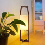 Lampadaire lanterne en bois d'hévéa et abat-jour en tissu, 58 à 100 cm